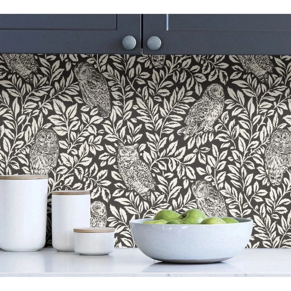 NuWallpaper NUS3625 Sleepy Owls Peel & Stick Wallpaper, Charcoal